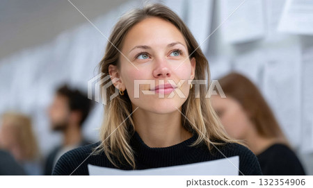 Thoughtful young woman looking up while holding papers in a crowded public bulletin area 132354906