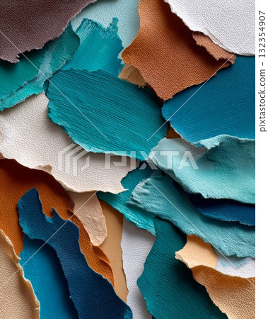 Creative arrangement of colorful torn paper layers showcasing texture and contrast in a top-down composition Creative arrangement of colorful torn paper layers showcasing texture and contrast in a top-down composition 132354907