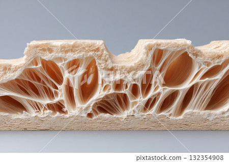 Macro close-up of torn cross-section showing fibrous interior layers of mycelium leather sample in organic form 132354908