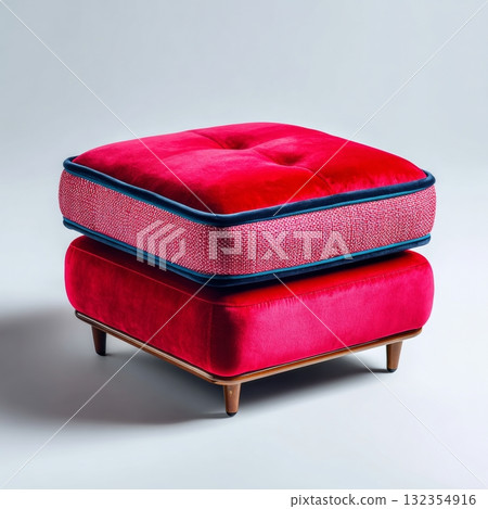Red velvet ottoman with wooden legs, soft lighting that accentuates texture and color, neutral background to avoid distraction from the furniture piece Red velvet ottoman with wooden legs, soft lighting that accentuates texture and color, neutral background to avoid distraction from the furniture piece 132354916