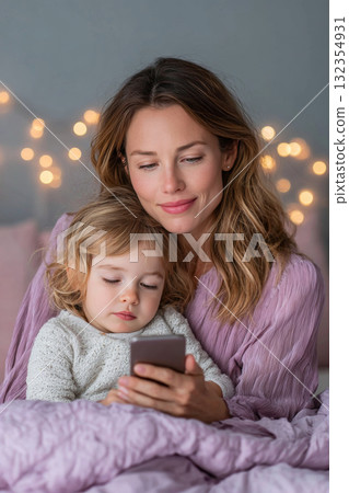 A close-up of a mother and child sharing a quiet moment on a bed, with soft lighting that captures their gentle expressions and warm interaction. 132354931