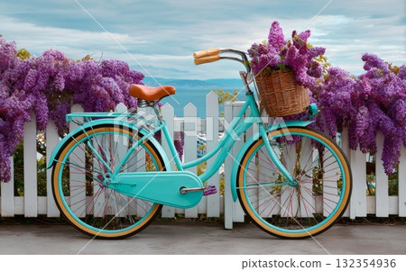 A vintage-style bicycle parked next to a white picket fence. 132354936