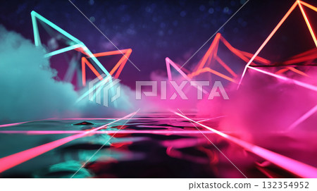 A futuristic scene with geometric shapes in neon colors against a dark background. There are pink and purple hues dominating the color scheme, creating an otherworldly atmosphere. 132354952