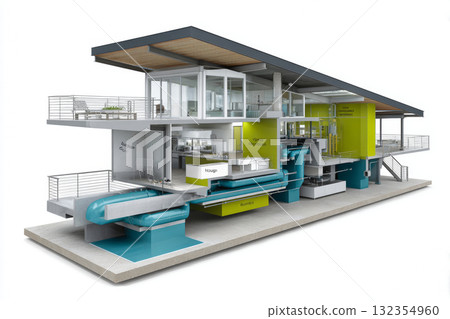 A modern architectural design of a house or studio space. It features a combination of green, blue, and white colors, creating a clean and contemporary look. 132354960