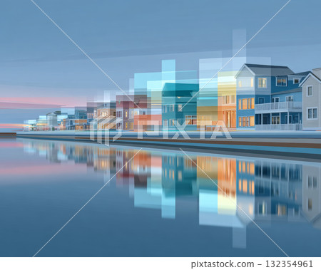 A serene coastal scene at sunset or sunrise. 132354961