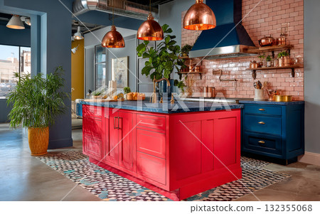 A red kitchen island with a blue marble top and copper pendant lights above it 132355068