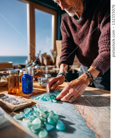 A man with a beard and bracelets on his wrist is sorting through blue glass pieces while sitting at a table by the ocean A man with a beard and bracelets on his wrist is sorting through blue glass pieces while sitting at a table by the ocean 132355076
