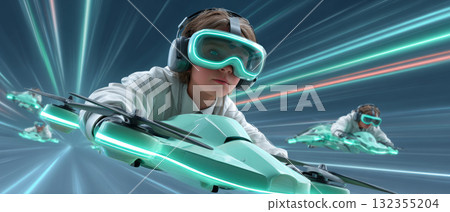A child wearing futuristic goggles and piloting a drone in an action-packed scene with neon lights streaking through the background, conveying speed and excitement 132355204