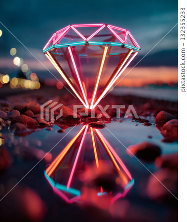 A neon-lit diamond on a rocky shore reflecting in the water at dusk with bokeh lights from distant city buildings and traffic 132355233