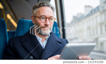 Mature man commuting by train and using digital tablet while sitting by window in winter coat 132355290