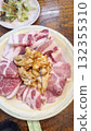 Yakiniku restaurant menu: Offal and pork belly on a plate 132355310