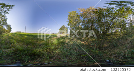 360 degree panorama of the rural road side near an agricultural field. HDRI seamless spherical 360-degree panorama of rural road side 360 degree panorama of the rural road side near an agricultural field. HDRI seamless spherical 360-degree panorama of rural road side 132355573
