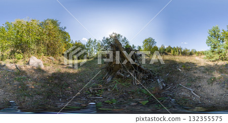 360 degree panorama of a forest pit with an uprooted tree nearby. HDRI seamless spherical 360-degree panorama of uprooted tree nearby 132355575