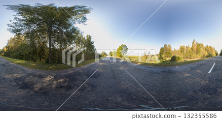 360 degree panorama of a country road along a field and forest. HDRI seamless spherical 360-degree panorama of an asphalt country road 360 degree panorama of a country road along a field and forest. HDRI seamless spherical 360-degree panorama of an asphalt country road 132355586