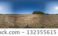 A seamless spherical 360-degree HDRI panorama of field. 360 degree panorama of a field with rows of mown wheat, hills, and forest on the horizon 132355615
