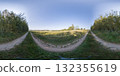 360 degree panorama of well-trodden path between forest and harvested field. HDRI seamless spherical 360-degree panorama of footpath 132355619