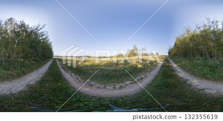 360 degree panorama of well-trodden path between forest and harvested field. HDRI seamless spherical 360-degree panorama of footpath 360 degree panorama of well-trodden path between forest and harvested field. HDRI seamless spherical 360-degree panorama of footpath 132355619