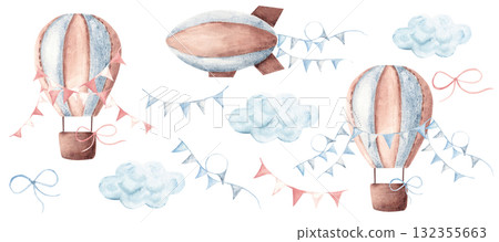Air transport set. Airship or Dirigible, Hot Air Balloons with blue and pink pennants and Clouds. Watercolor Hand drawn Children's illustration isolated on white background. Vintage style. Design 132355663