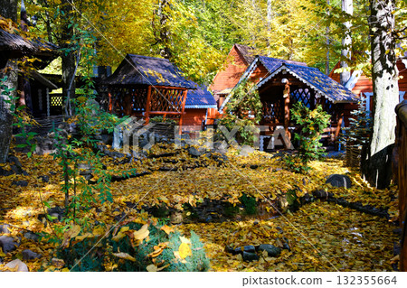 Mountain Cabin in Autumn Mountain log cabin homestead with colorful fall foliage Mountain Cabin in Autumn Mountain log cabin homestead with colorful fall foliage 132355664