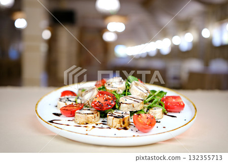 pour balsamic sauce over tomatoes, arugula, and meat, morning brunch with sandwich Delicious Breakfast Featuring a Fried Egg Perfectly Placed on Bread, cafe healthy tasty menu. pour balsamic sauce over tomatoes, arugula, and meat, morning brunch with sandwich Delicious Breakfast Featuring a Fried Egg Perfectly Placed on Bread, cafe healthy tasty menu. 132355713