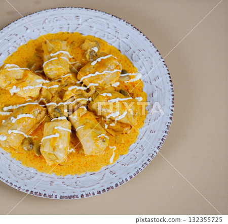 Stuffed cabbage leaves. Cabbage wraps. Chou farci, dolma, sarma, golubtsy or golabki. Flat lay, layout, overhead Stuffed cabbage leaves. Cabbage wraps. Chou farci, dolma, sarma, golubtsy or golabki. Flat lay, layout, overhead 132355725