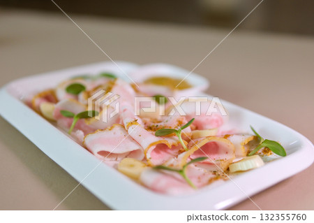 Sliced boiled ham sausage, isolated on white background 132355760