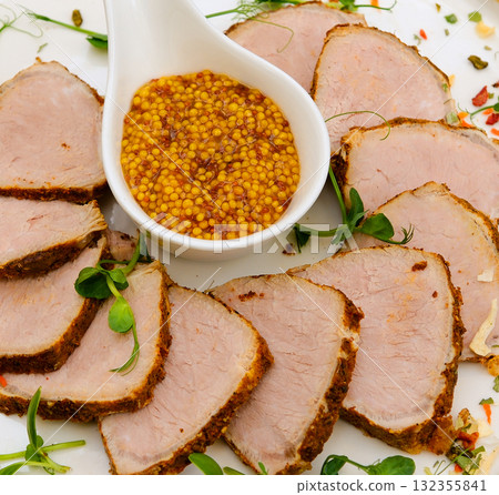 cold meats with mustard seeds Cold meat catering platter, kabana sausage and seeded wholegrain mustard and sweet mustard pickle. cold meats with mustard seeds Cold meat catering platter, kabana sausage and seeded wholegrain mustard and sweet mustard pickle. 132355841