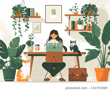 Illustration of working from home surrounded by cats and houseplants | A relaxing space for work-life balance Illustration of working from home surrounded by cats and houseplants | A relaxing space for work-life balance 132355980