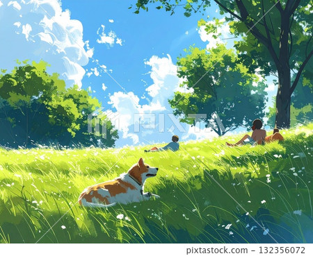An afternoon in the park with people and pets relaxing under the blue sky | A peaceful time in harmony with nature An afternoon in the park with people and pets relaxing under the blue sky | A peaceful time in harmony with nature 132356072
