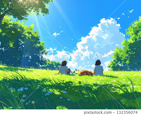 下午在公園裡,人們和寵物在藍天下放鬆身心 | 與大自然和諧相處的寧靜時光 下午在公園裡,人們和寵物在藍天下放鬆身心 | 與大自然和諧相處的寧靜時光 132356074