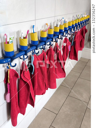 Baby accessories in the bathroom of a kindergarten 132356247