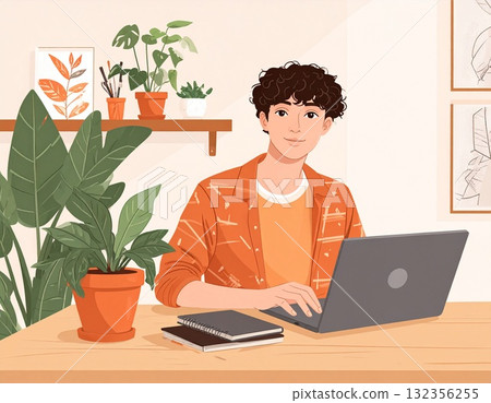 Illustration of a creative workspace surrounded by natural light and plants | A calm space for concentrating on creative activities Illustration of a creative workspace surrounded by natural light and plants | A calm space for concentrating on creative activities 132356255