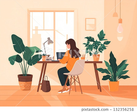 Illustration of a creative workspace surrounded by natural light and plants | A calm space for concentrating on creative activities Illustration of a creative workspace surrounded by natural light and plants | A calm space for concentrating on creative activities 132356258