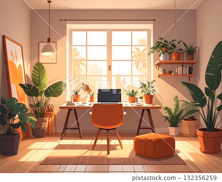 Illustration of a creative workspace surrounded by natural light and plants | A calm space for concentrating on creative activities Illustration of a creative workspace surrounded by natural light and plants | A calm space for concentrating on creative activities 132356259