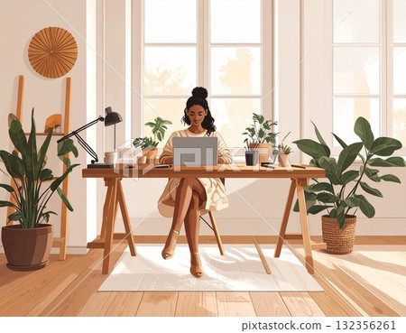 Illustration of a creative workspace surrounded by natural light and plants | A calm space for concentrating on creative activities Illustration of a creative workspace surrounded by natural light and plants | A calm space for concentrating on creative activities 132356261