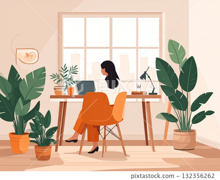 Illustration of a creative workspace surrounded by natural light and plants | A calm space for concentrating on creative activities Illustration of a creative workspace surrounded by natural light and plants | A calm space for concentrating on creative activities 132356262