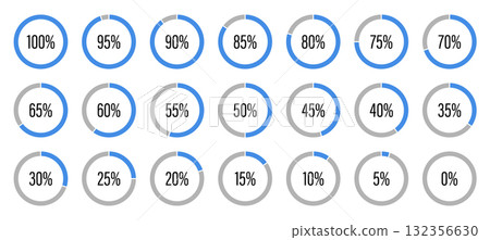 Template of blue and gray color fill pie charts indicator. Round graph loading progress set. Blue progress bars. Circle diagrams icons for infographics from 100 to 0 percent. Round percentage 132356630