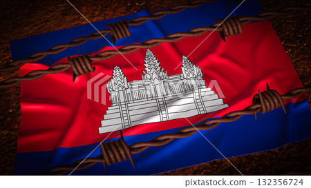 The Cambodia flag and barbed wire for Background 3d Rendering. The Cambodia flag and barbed wire for Background 3d Rendering. 132356724
