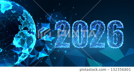 2026 New Year blue low poly numbers with wireframe Earth globe. Global future and tech trends 2026 New Year blue low poly numbers with wireframe Earth globe. Global future and tech trends 132356801