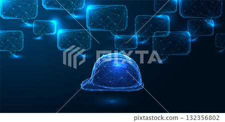 AI in construction and digital safety with glowing hard hat and networked communication bubbles AI in construction and digital safety with glowing hard hat and networked communication bubbles 132356802