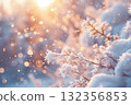 Winter backdrop with frosted branches and soft bokeh lights, ideal for holiday season design with copy space 132356853