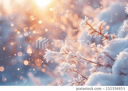 Winter backdrop with frosted branches and soft bokeh lights, ideal for holiday season design with copy space Winter backdrop with frosted branches and soft bokeh lights, ideal for holiday season design with copy space 132356853