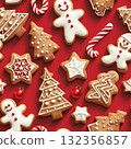 Gingerbread cookies arranged in a seamless pattern on a vibrant red background for winter celebration 132356857