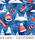 Seamless winter pattern featuring Christmas elements like snow, trees, and winter sports gear 132356860