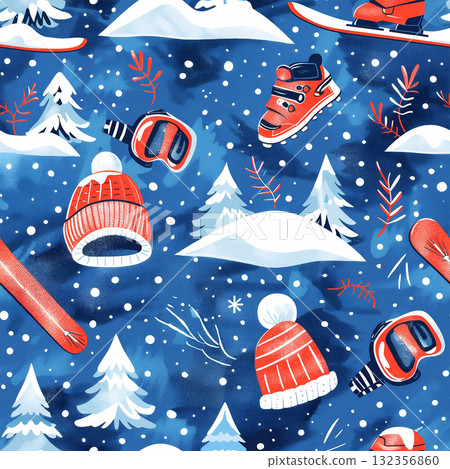 Seamless winter pattern featuring Christmas elements like snow, trees, and winter sports gear Seamless winter pattern featuring Christmas elements like snow, trees, and winter sports gear 132356860
