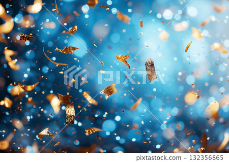 Colorful confetti falling against a blurred blue backdrop with copy space for holiday designs Colorful confetti falling against a blurred blue backdrop with copy space for holiday designs 132356865