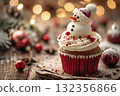 Festive cupcake topped with snowman decoration, perfect for winter holiday season celebrations 132356866