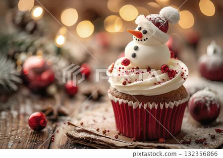 Festive cupcake topped with snowman decoration, perfect for winter holiday season celebrations Festive cupcake topped with snowman decoration, perfect for winter holiday season celebrations 132356866