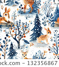 Winter seamless pattern featuring cute animals and trees for a festive Christmas background 132356867