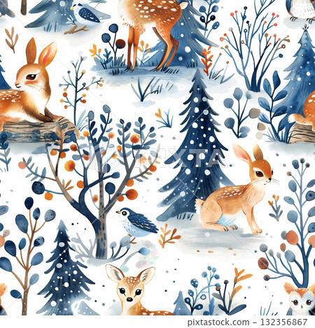 Winter seamless pattern featuring cute animals and trees for a festive Christmas background Winter seamless pattern featuring cute animals and trees for a festive Christmas background 132356867